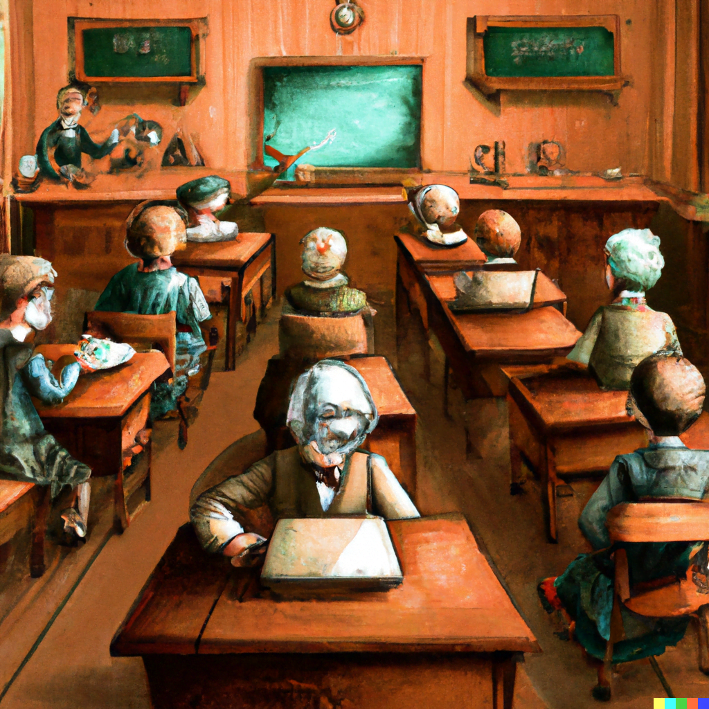 Vintage-style painting of a classroom with students wearing masks, some engaged in reading and writing, with a colorful bird flying by a chalkboard.