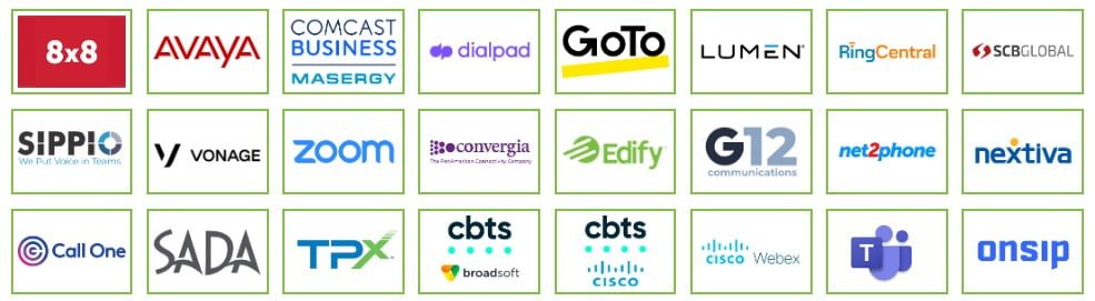 A row of logos from various unified communications and telecommunications companies, including Avaya, Comcast Business, and Cisco, displayed on a white background.