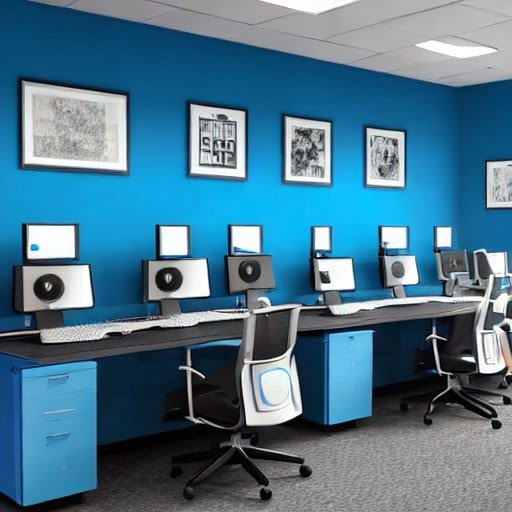 Modern office space with bright blue walls, several computer workstations, ergonomic chairs, and framed pictures hanging above.