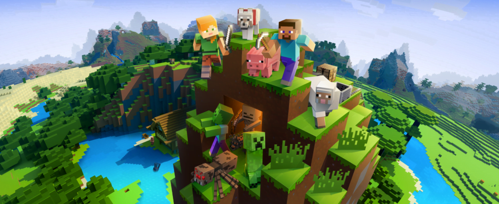 A vibrant minecraft scene featuring a large grassy hill with various character avatars, animals, and a house, overlooking a pixelated landscape.