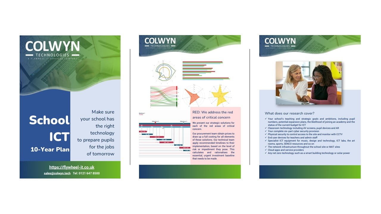 Three promotional brochures for colwyn technologies, featuring designs focusing on ict in schools, company growth metrics, and research innovations in a modern layout.