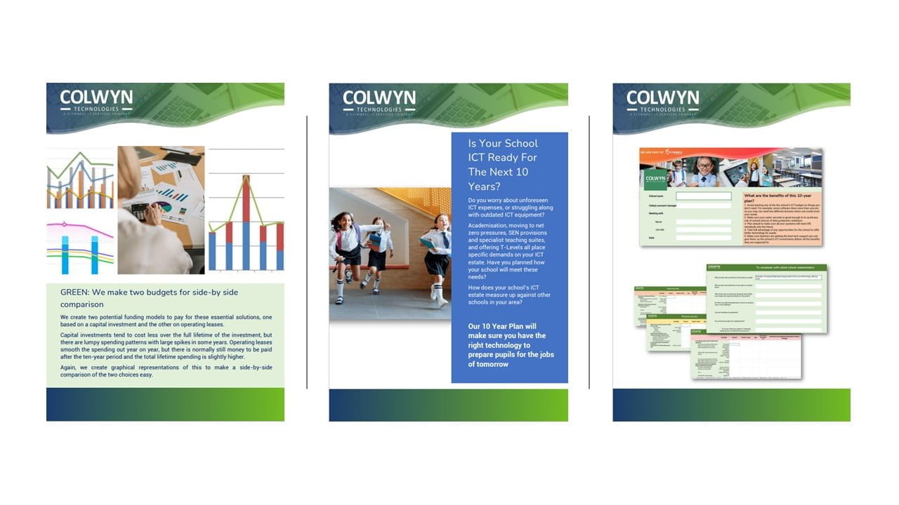 Three-panel brochure for "colwyn" featuring a school setting, children using technology, and text about ict readiness with accompanying graphs and bullet points.