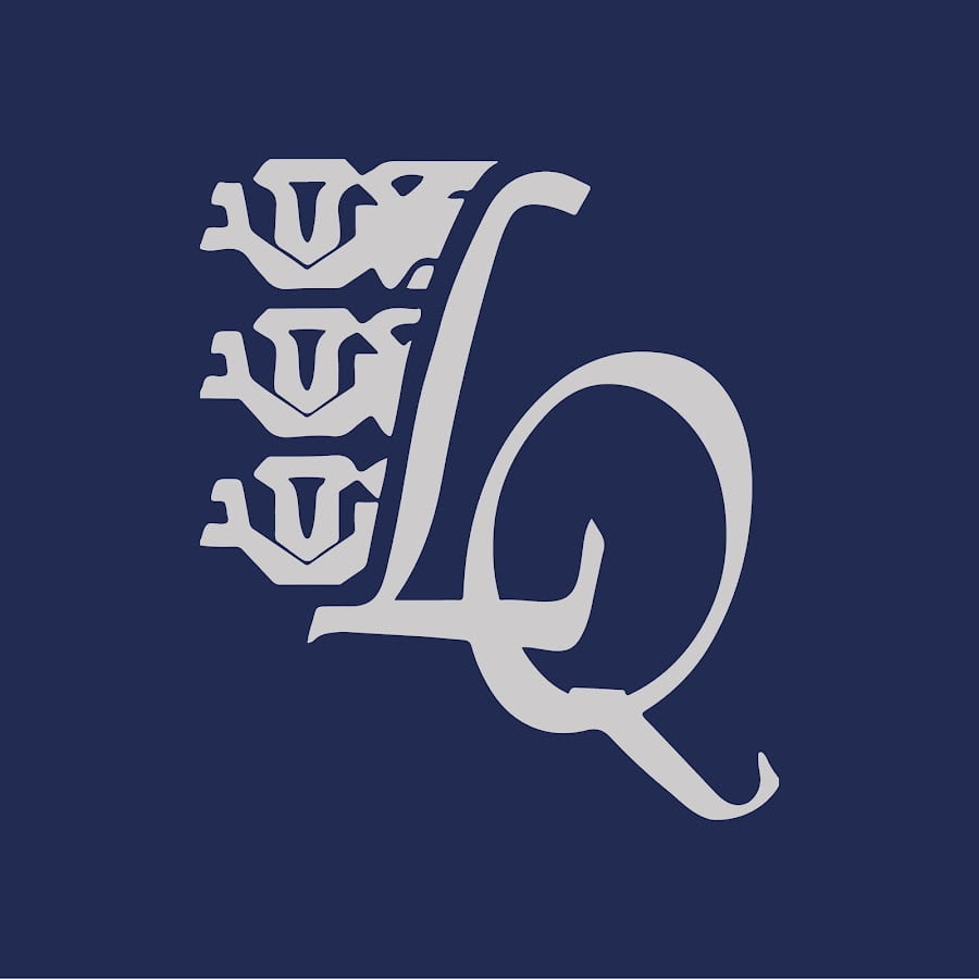 White ornate letter l mirrored vertically to form a symmetrical design on a navy blue background.