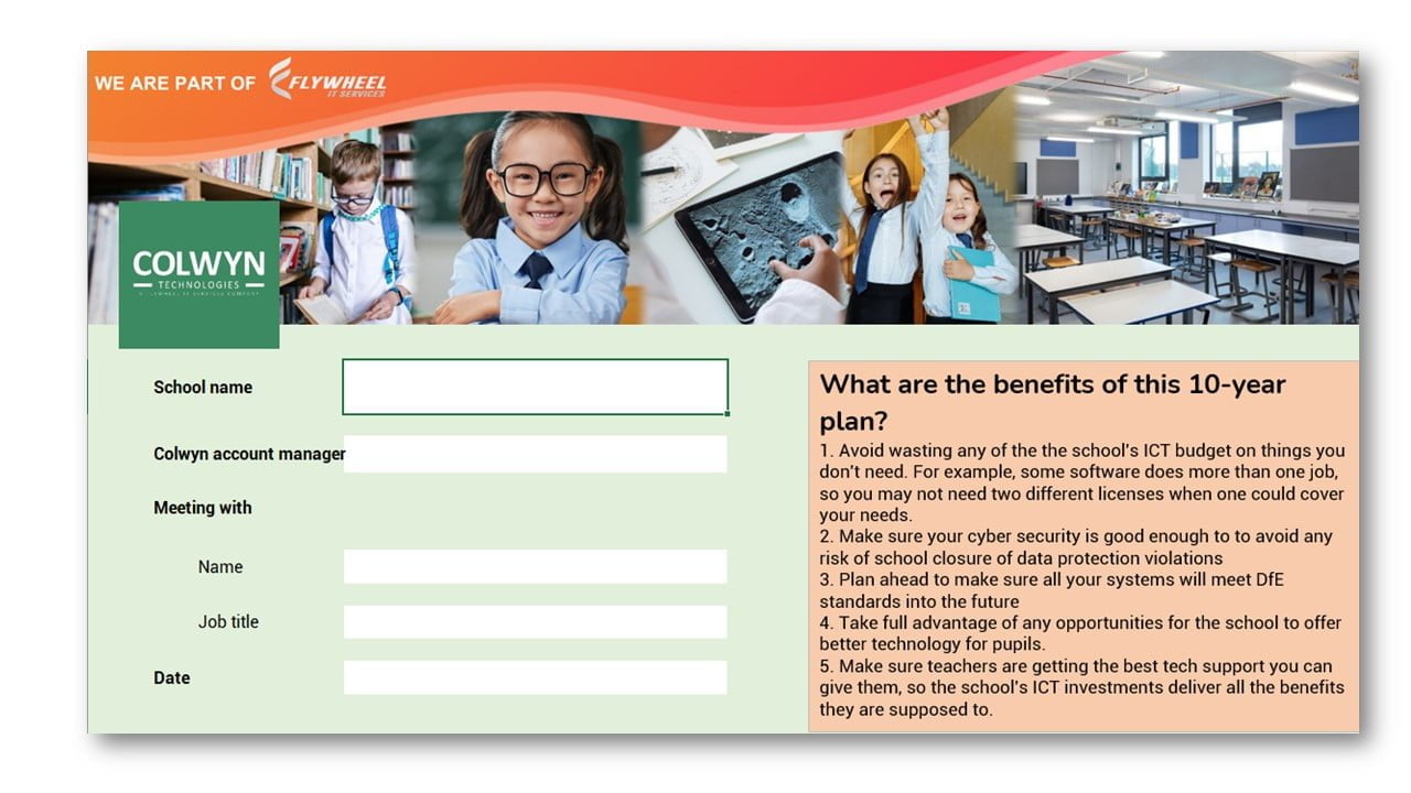 Banner with school logo, photo of a smiling child wearing headphones, and text fields for school name and meeting details next to a list titled "what are the benefits of this 10-year plan?".