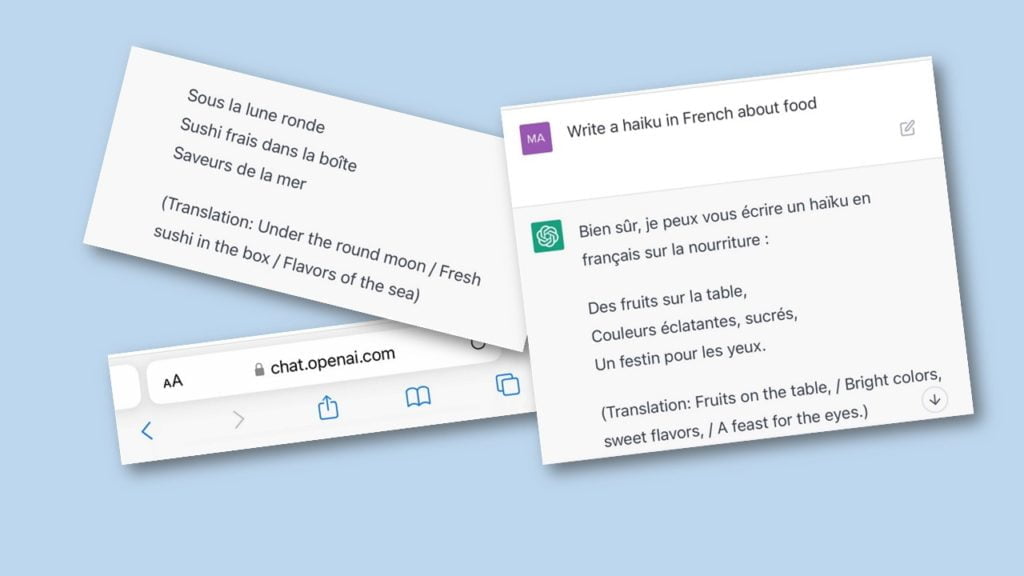 Illustration of two open chatbot windows with text in french and english, discussing haikus and sushi.