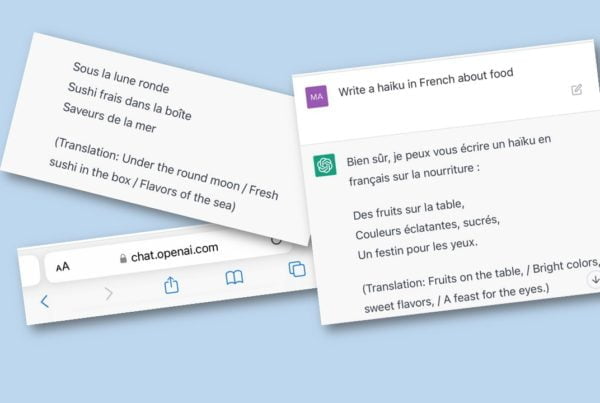 Illustration of two open chatbot windows with text in french and english, discussing haikus and sushi.