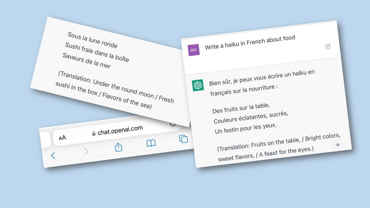 Illustration of two open chatbot windows with text in french and english, discussing haikus and sushi.