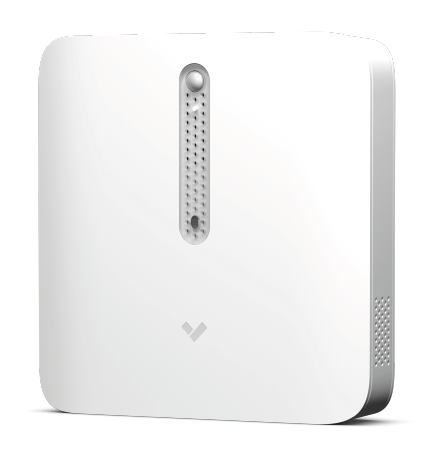 White portable external hard drive with a brand logo on the front and vape detector vents on the side.