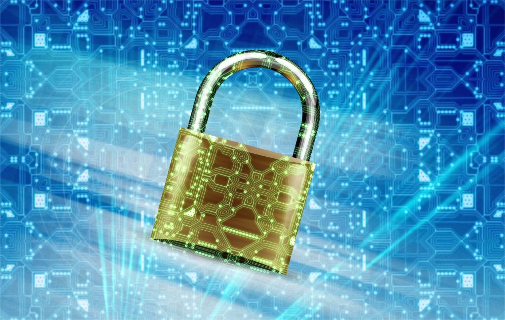 A golden padlock with circuit board patterns superimposed over a blue binary code background, symbolizing digital security.