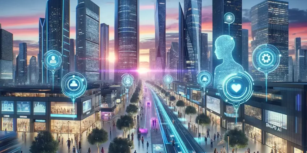 Futuristic city at twilight with Dialpad AI technology integration