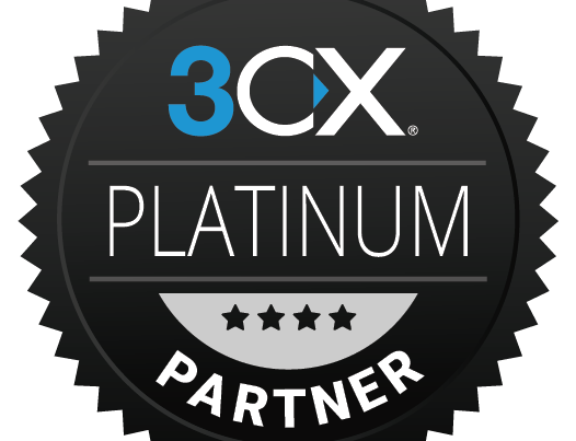 Logo of 3cx platinum partner featuring a black and silver badge design with four white stars and blue accents.
