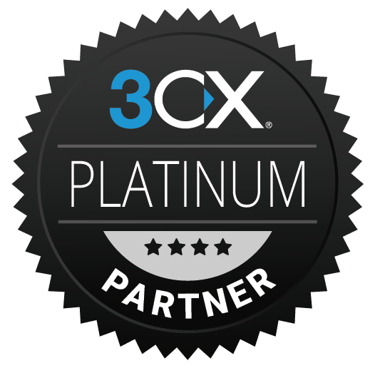 Logo of 3cx platinum partner featuring a black and silver badge design with four white stars and blue accents.