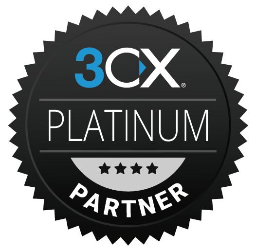 Logo of 3cx platinum partner featuring a black and silver badge design with four white stars and blue accents.